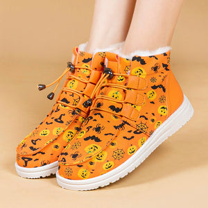 Women's Halloween Pumpkin Ghost Fleece Ankle Boots