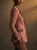 Women Elegant Velvet Leopard Print Trim Tailored Blazers