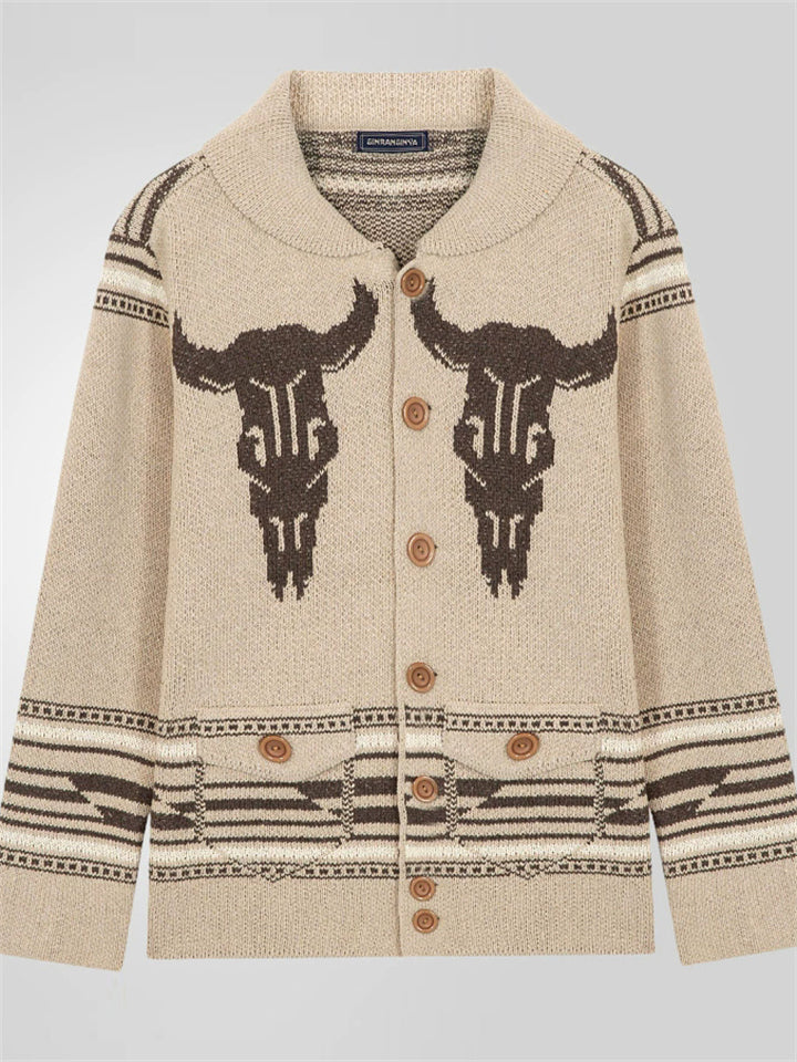 Men's Khaki Autumn Jacquard Pockets Button Up Cardigan Sweaters