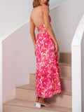 Female Spaghetti Strap French Style Printed Low-cut Dress
