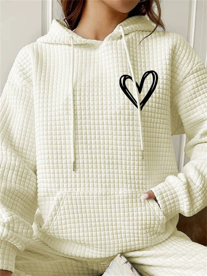 Women's Autumn Waffle Heart Printed Casual Long Sleeve Hoodie