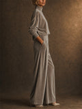Women Velvet 2 Piece Set Mock Neck Pullover Top and Wide Leg Pants