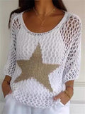 Contrast Color Round Neck 3/4 Sleeve Hollow Sweater for Women