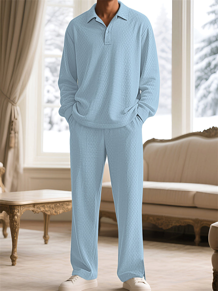 Men's Casual Solid Color Textured Jacquard Drawstring Polo Sweatshirts & Sweatpants Outfit