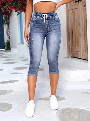 Female Elastic Waist Drawstring Sexy Stretchy Ripped Jeans