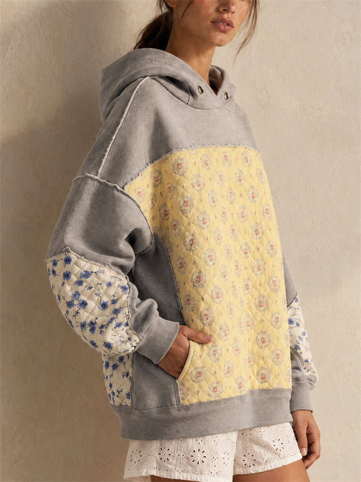Women Floral Patchwork Hoodie Oversized Quilted Sweatshirt
