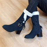 Women Warm Plush Lined Denim Buckle Lace-up Chunky Heel Mid-Calf Boots