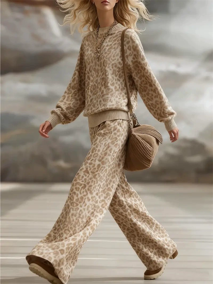 ‌Women's Autumn Retro Leopard Print Grunge Style Casual Sweatshirts and Pants Set‌