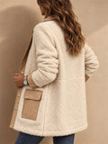 Women Color Block Fleece Button Down Teddy Jacket with Pockets
