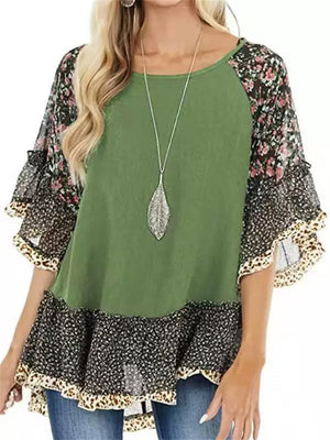 Women's Summer Casual Floral Print Patchwork BatWing Sleeve Shirts