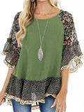 Women's Summer Casual Floral Print Patchwork BatWing Sleeve Shirts