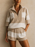 Womens Striped Quarter Zip Polo Shorts 2 Piece Lounge Set