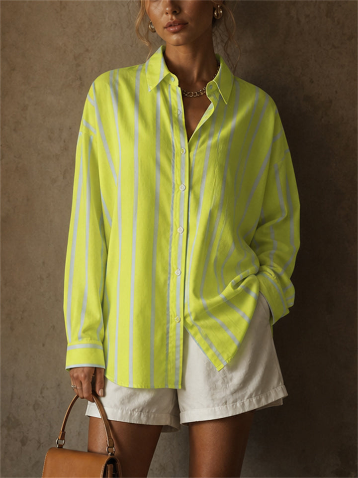 Women Oversized Lime Green Striped Button Down Long Shirt