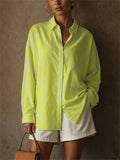 Women Oversized Lime Green Striped Button Down Long Shirt