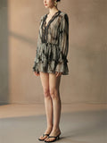 Women's Summer Chiffon Lace V Neck Striped Flare Sleeve Mini Dress