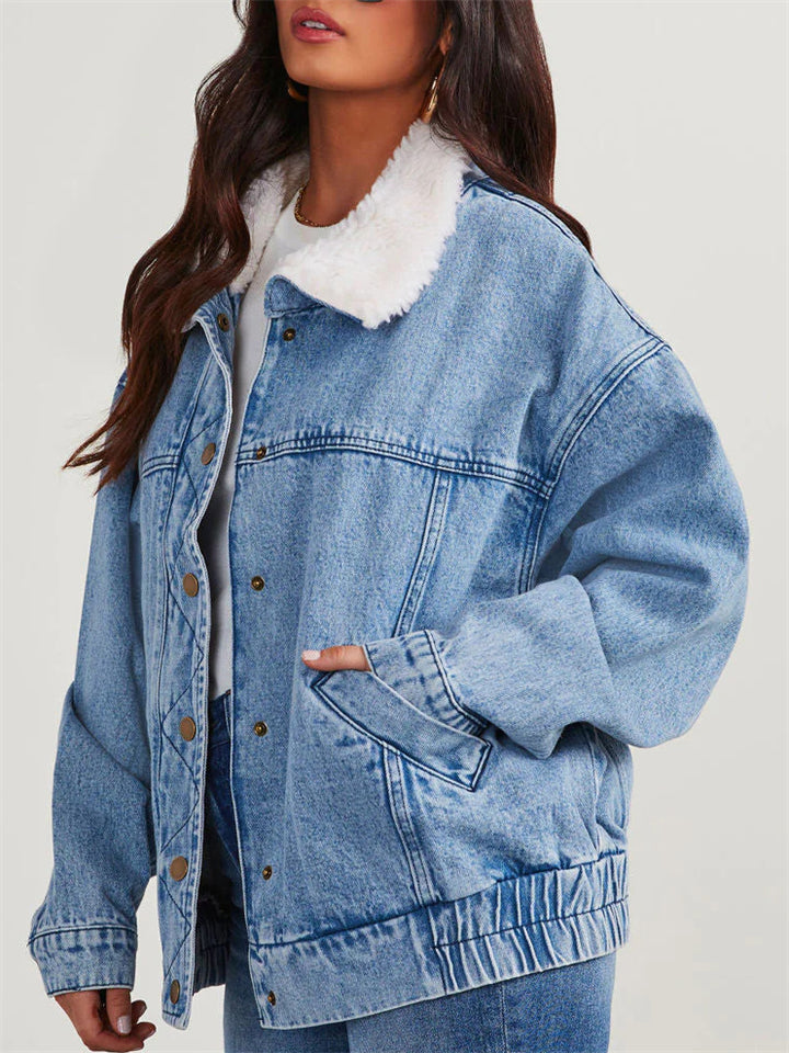 Women's Fashion Thicken Cotton Denim Coat with Faux Fur Collar