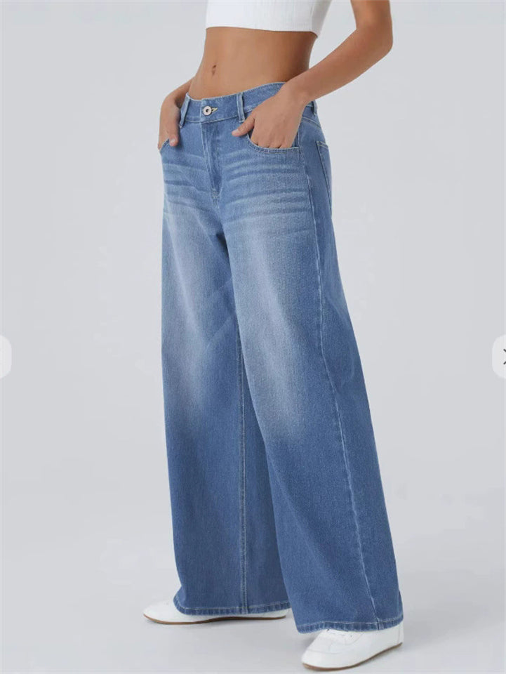 Women's Distressed Whisker Mid-Waist Wide Leg Denim Pants