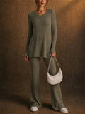 Women Ribbed Knit 2 Piece Lounge Long Sleeve Top and Flare Pants Set