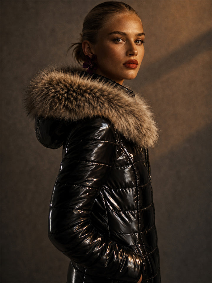 Women Shiny Faux Fur Hood Winter Puffer Parka Coats
