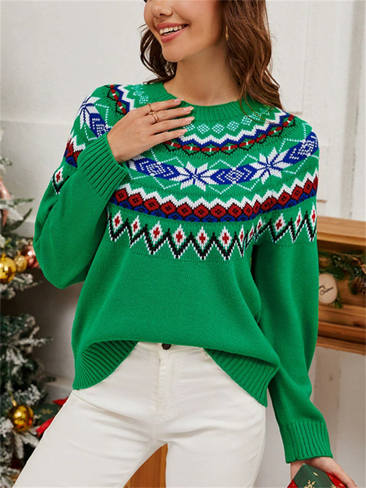 Women's Autumn Vintage Green Contrast Color Jacquard Round Neck Christmas Sweaters