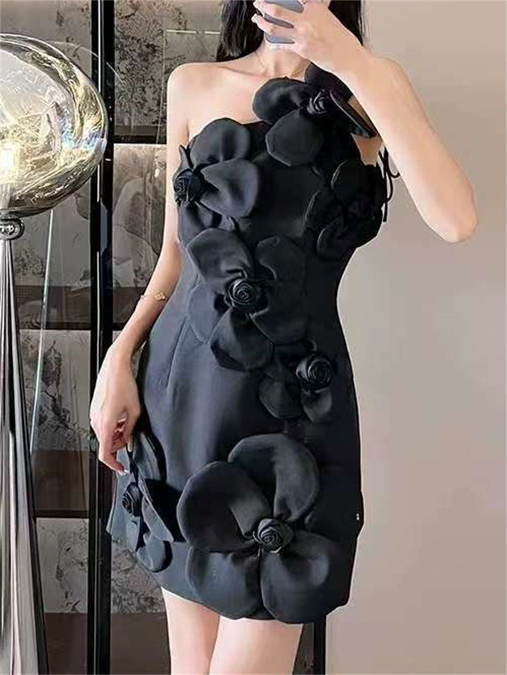 French Style Elegant 3D Flowers Strappy Mini Dress for Lady