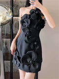 French Style Elegant 3D Flowers Strappy Mini Dress for Lady