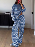 Women's Comfy Round Neck Striped Loose Fit Casual Top and Drawstring Pants Set