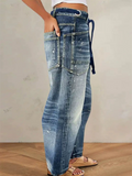 ‌Trendy Women's Casual‌ Drawstring Distressed Denim Pants Low-Waist Loose Fit