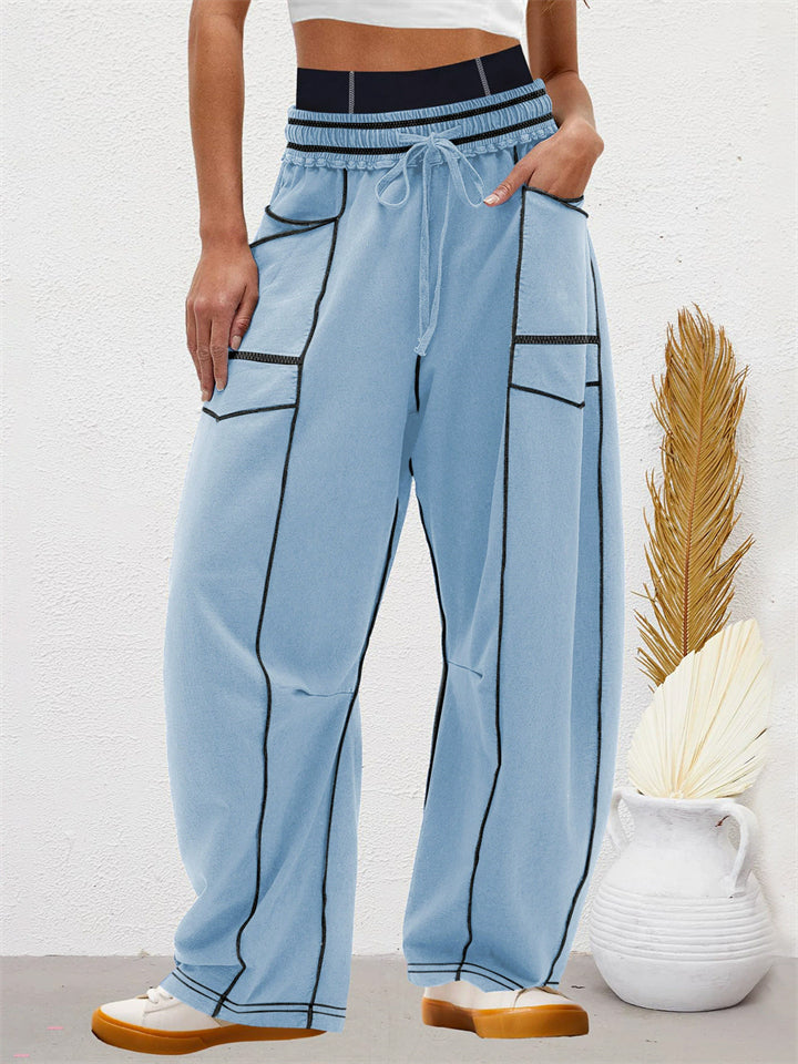 Women's Autumn Trendy Contrast Trim Drawstring Scimitar Pants