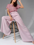 Fashion Sequin Short Sleeve Shirt Wide Leg Jumpsuit for Women