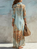 Womens Elegant Baroque Print Maxi Button Down Shirt Dress
