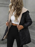 Women's Winter Black Color Fleeced Long Sleeve Hooded Coats