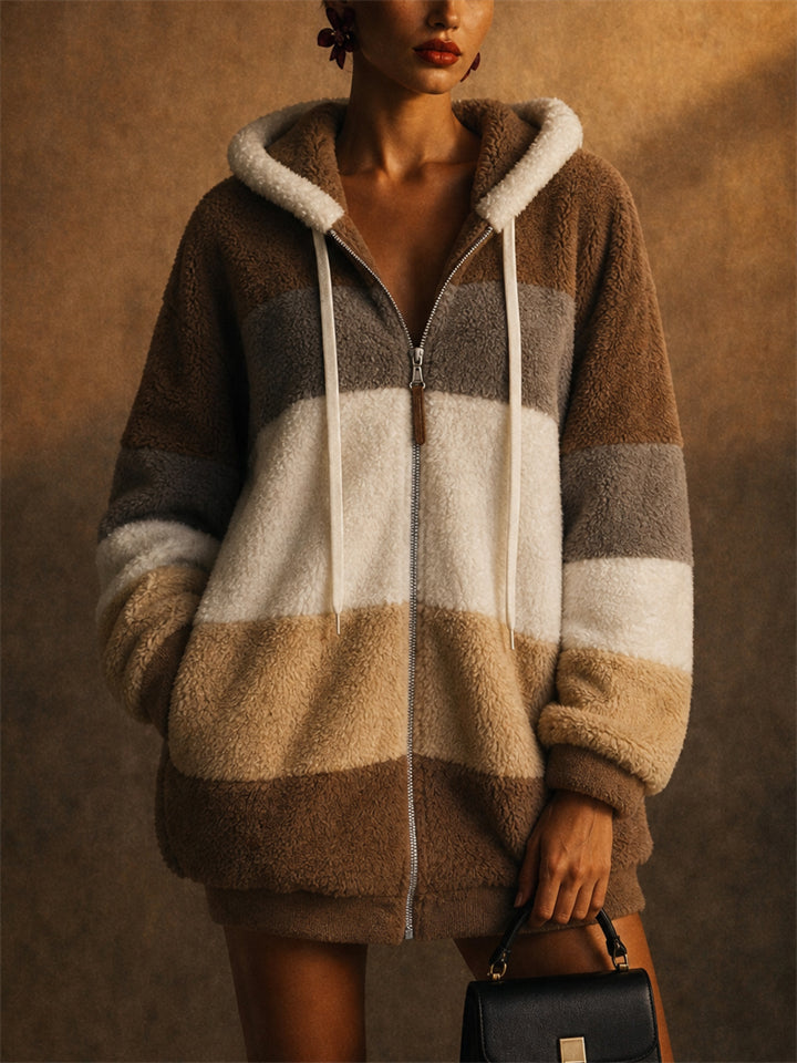 Women Oversized Color Block Fuzzy Sherpa Fleece Zip Hoodie