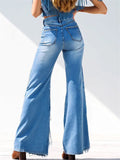 ‌Women's Chic Trendy Mid Waist Fringed Flared Denim Jeans‌