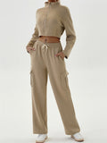 Women's Casual Sporty Cargo Jogger Set Cropped Zip Up Sweatsuit