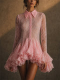 Womens Sexy Sheer Lace Ruffle Flared Sleeve Mini Dress