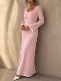Women Contrast Trim Square Neck Flare Sleeve Textured Knit Maxi Dress