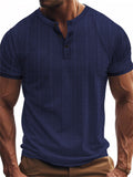 Men's Comfy Solid Color Plaid Short Sleeve Henley T-Shirt