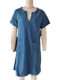 Women's Summer Solid Color V Neck Pockets Denim Dress