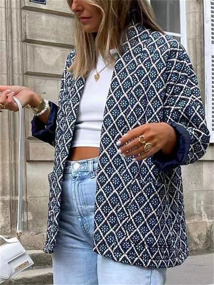 Women's Contrast Color Geometry Print Long Sleeve Cardigan Coat