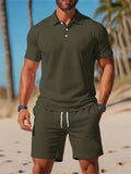 Men's 2Pcs Summer Solid Color Short Sleeve Polo Shirt & Shorts Set