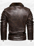 Men's Motorcycle Style Faux Leather Jacket with Faux Fur Collar and Flap Pockets