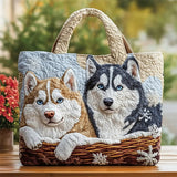 Husky Dog Print Winter Snowflake Quilted Tote Bag