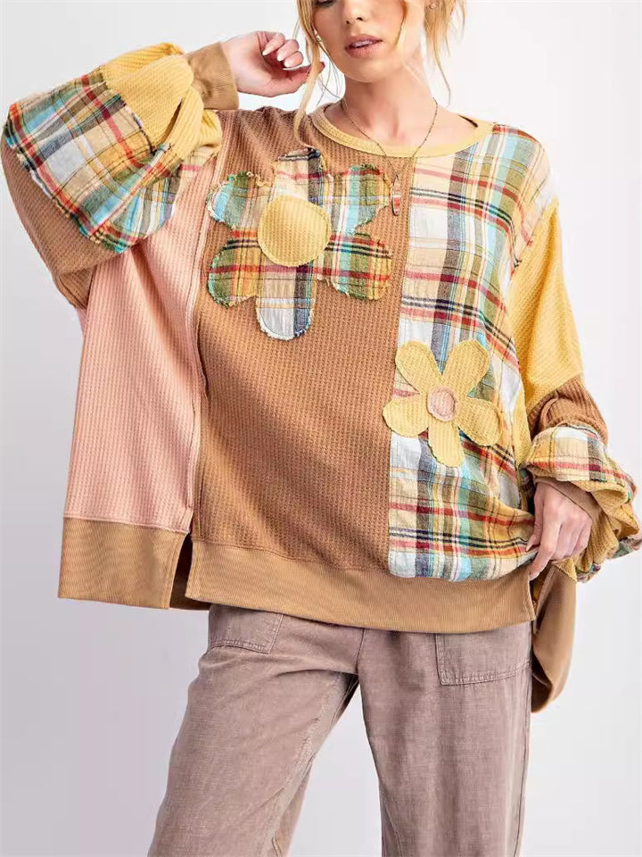 Women's Retro Waffle Patchwork Contrast Color Round Neck Sweatshirt