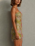 Womens Strapless Floral Embroidered Fringe Mini Party Dress