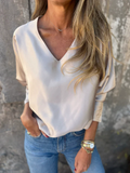 Ladies' Elegant Solid Color V Neck Satin Long Sleeve Blouses