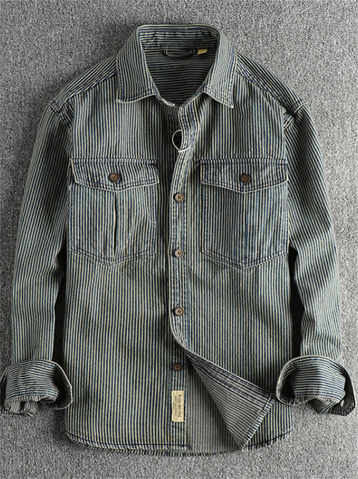 Retro Men's Cotton Long Sleeve Stripe Cargo Shirt