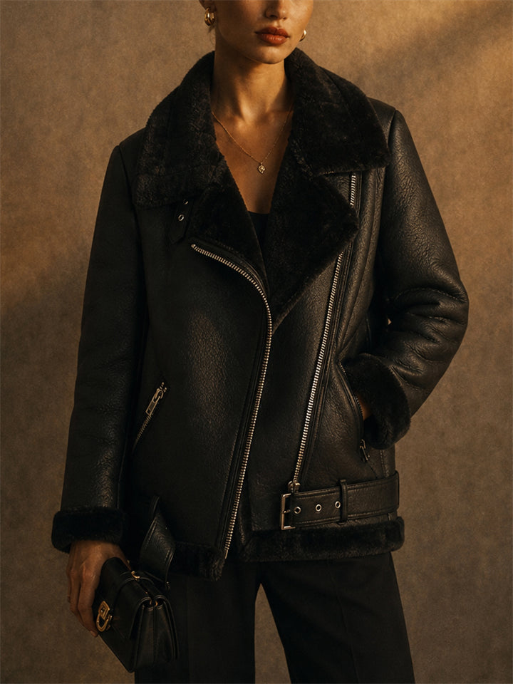 Womens Oversized Faux Shearling Aviator Biker Jacket with Zipper Pocket