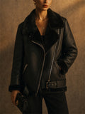 Womens Oversized Faux Shearling Aviator Biker Jacket with Zipper Pocket