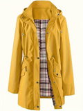 Women's Autumn Drawstring Waist Plaid Lining Trench Coat with Detachable Hood